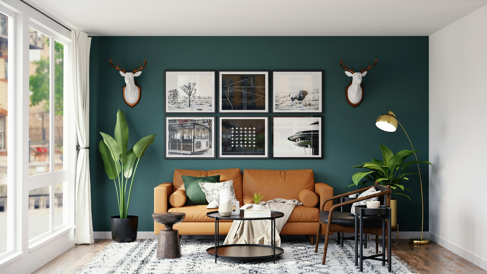 An interior design of a sitting room with green and white walls, brown sofa, black chairs and tables